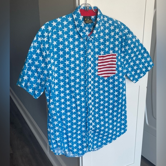 Staghorn River Patriotic Stars Stripes Cotton Button Down Short Sleeve Men’s L - Picture 6 of 8